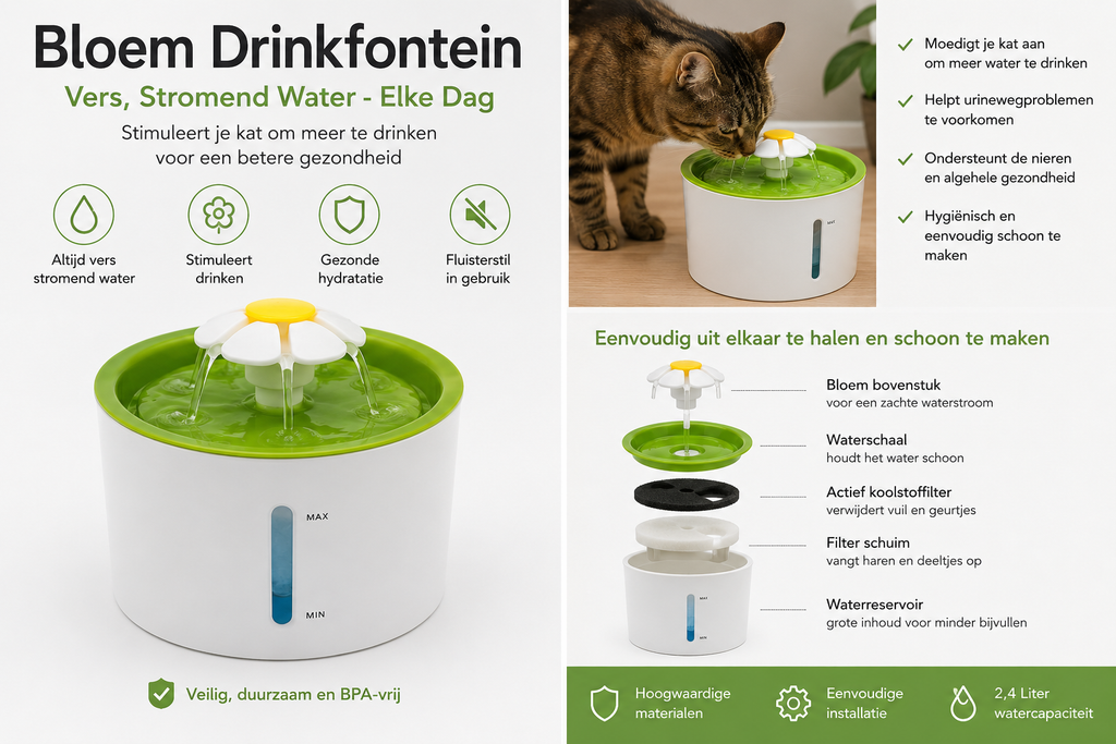 Bloem Drinkfontein voor katten – vers stromend water, 2,4L, BPA-vrij